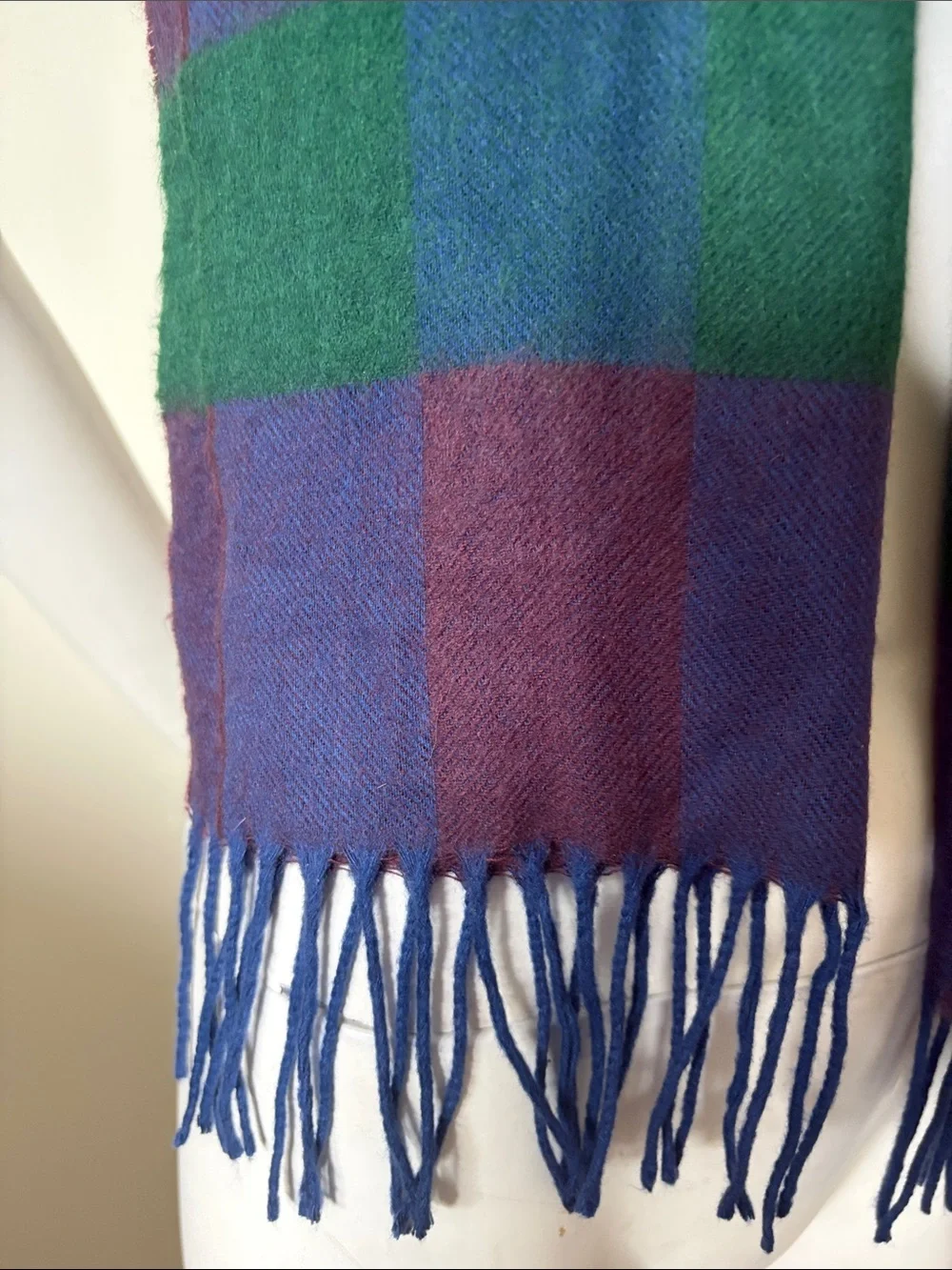 Christian Dior Plaid Fringe Scarf in Green, Blue & Purple Made in France